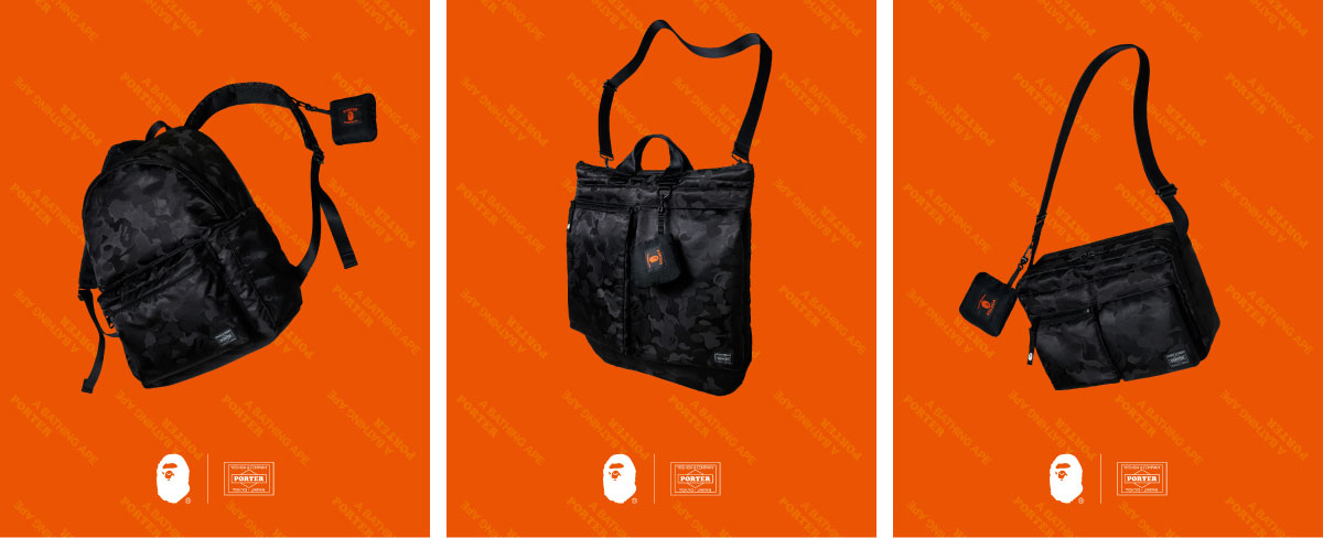 BAPE×ポーターコラボ　ショルダーバッグ＆ポーチセット ア ベイシング エイプ®」と「ポーター」がコラボ トラベルが